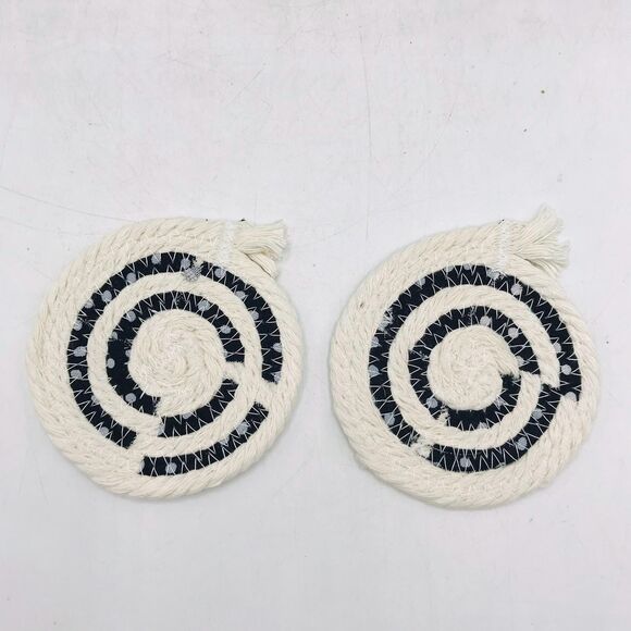 Rope Car Coasters Boho Black and White Dots One Set of 2 For Car Cup Holders - Picture 2 of 4
